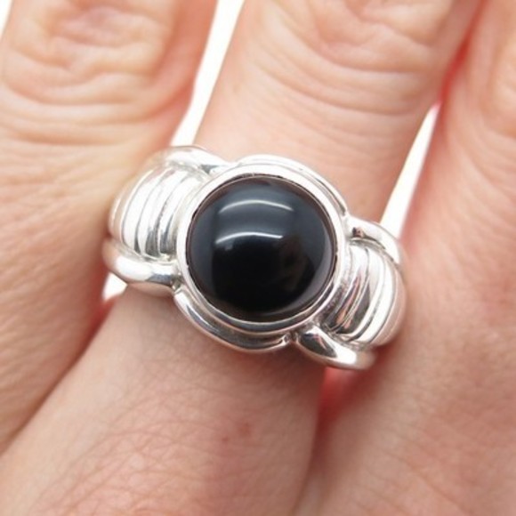 MORNING SUN 925 Sterling Silver Vintage Real Black Onyx Ring Size 7.75